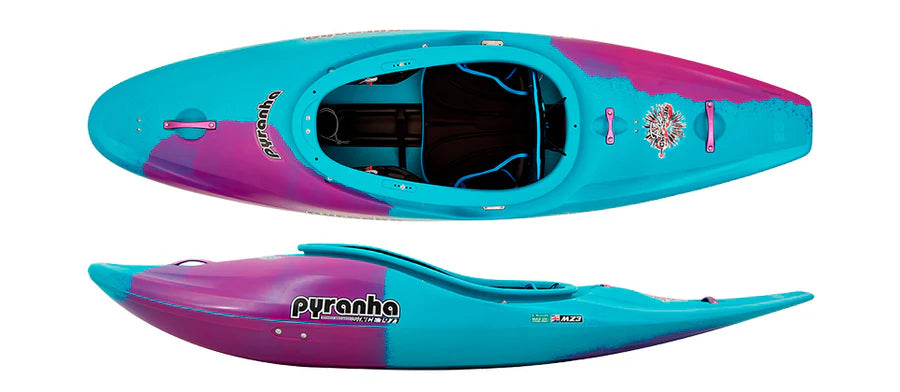 Two views of the Pyranha Firecracker kayak in blue and purple: a top view highlights the Elite Outfitting System in the cockpit, and a side view shows its profile and Pyranha branding.