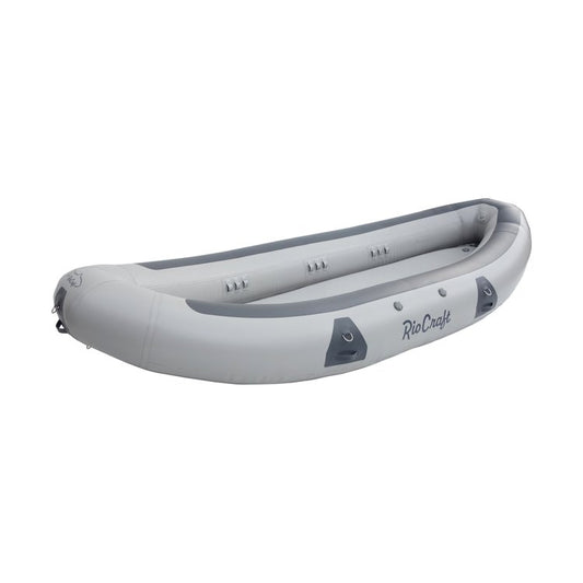 The Gray Teton Rafts kayak by Rio Craft features a streamlined design with welded PVC construction, side chambers, ropes, and a Drop Stitch floor for durability. Ideal for adventure or fishing, it includes multiple carrying handles for easy transport.