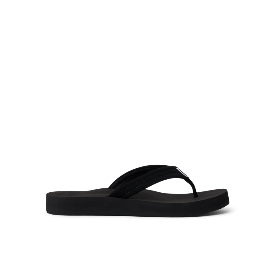 The REEF Cushion Breeze Reef Flip Flops feature a black thong-style strap, flat sole, and anatomical arch for comfort—perfectly displayed on a plain white background.