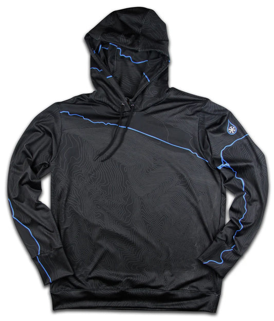 The Kind Design Topo Hoodie: Animas River is a black hoodie with a subtle topographic pattern inspired by the Animas River, thin blue accents, and a small emblem on the left sleeve.