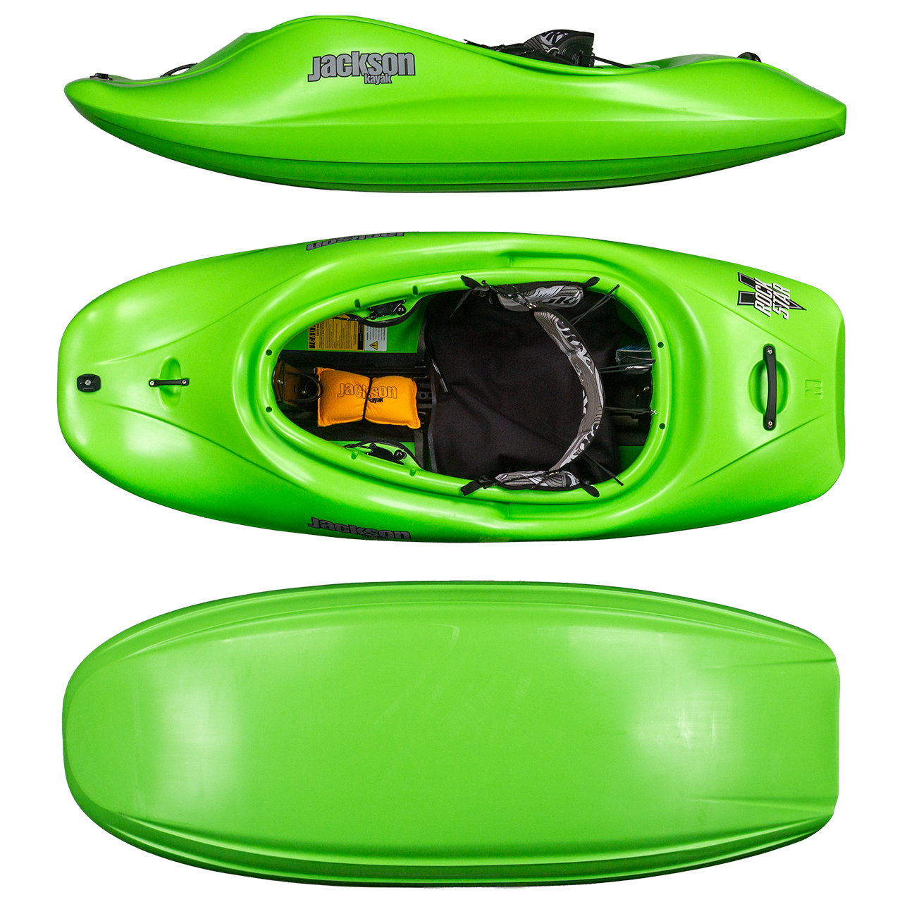 Side, top, and bottom views of the bright green Jackson Kayak RockStar V, featuring foot braces and a black padded seat in the cockpit—engineered for smooth planing performance on the water.