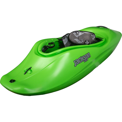 A bright green Jackson Kayak RockStar V play boat with a patterned black and white seat, shown at a slight side angle, highlights its renowned planing performance.