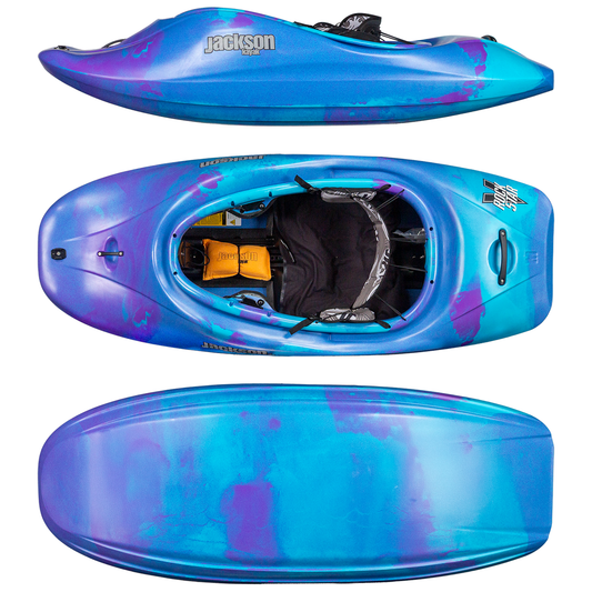 Jackson Kayak RockStar V shown from side, top, and bottom views features a curved hull design, impressive planing performance, and a seating area with yellow foot supports in eye-catching blue and purple colors.