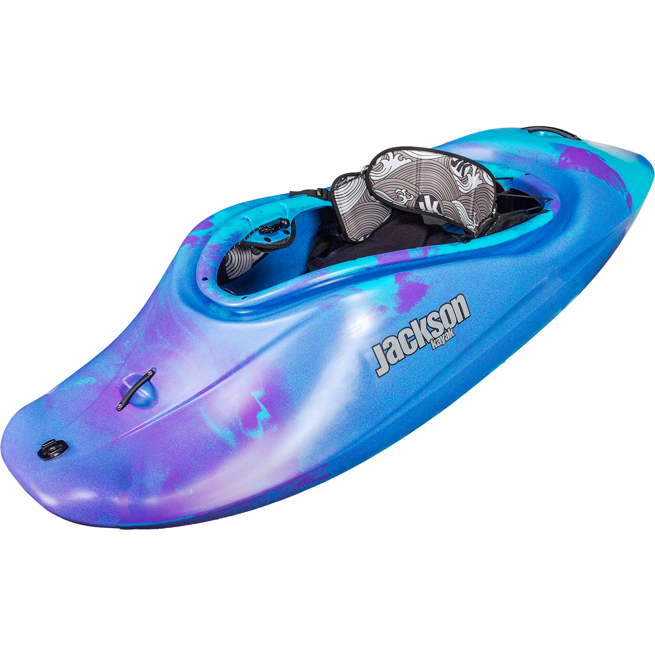 A blue and purple Jackson Kayak RockStar V play boat with padded seat and backrest, seen from above at an angle, delivers exceptional planing performance on the water.