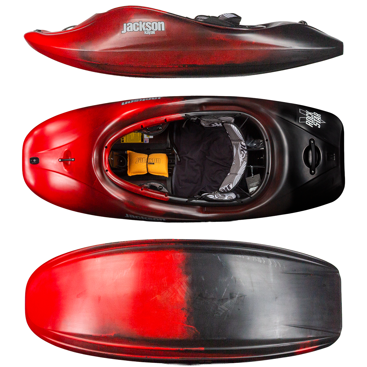 Three views of the Jackson Kayak RockStar V play boat in red and black—side, top, and bottom—showcase its cockpit, seat, overall shape, and planing performance.
