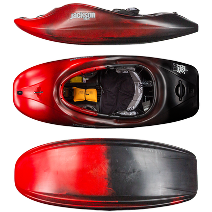 Three views of the Jackson Kayak RockStar V play boat in red and black—side, top, and bottom—showcase its cockpit, seat, overall shape, and planing performance.