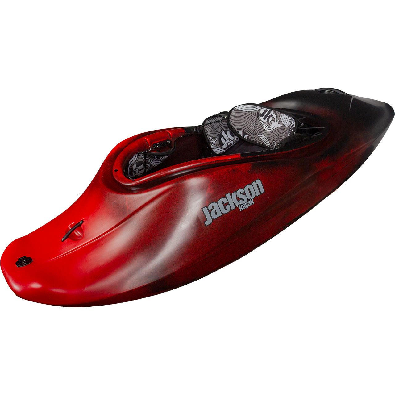 A red and black Jackson Kayak RockStar V play boat with a patterned seat is displayed against a white background.