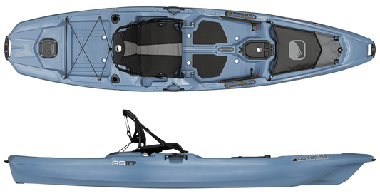 The Bonafide RS117 fishing kayak in blue is shown from top and side views, highlighting its raised seat, footrests, and storage—perfect for dedicated kayak anglers.