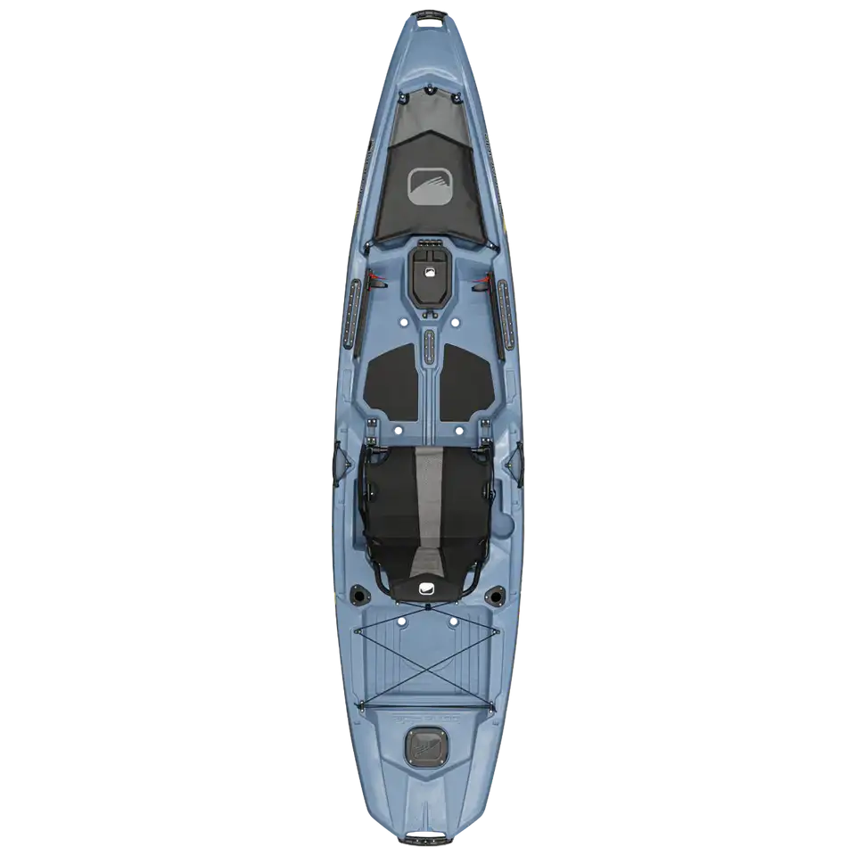 Top-down view of the Bonafide RS117 fishing kayak in blue, showcasing a central seat, footrests, storage areas, and mounting points—ideal for serious kayak anglers.