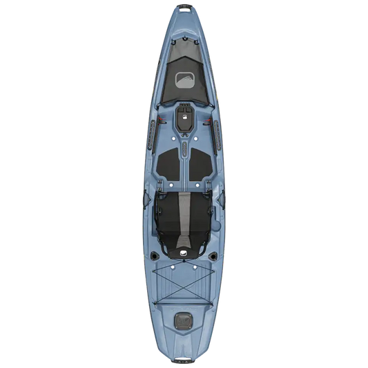 Top-down view of the Bonafide RS117 fishing kayak in blue, showcasing a central seat, footrests, storage areas, and mounting points—ideal for serious kayak anglers.