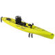 A yellow Consignment Hobie Mirage Revolution 13 kayak from 4Corners Riversports, viewed from above at an angle, features a black seat, kick-up fin pedal system, and storage compartments.