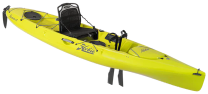 A yellow Consignment Hobie Mirage Revolution 13 kayak from 4Corners Riversports, viewed from above at an angle, features a black seat, kick-up fin pedal system, and storage compartments.