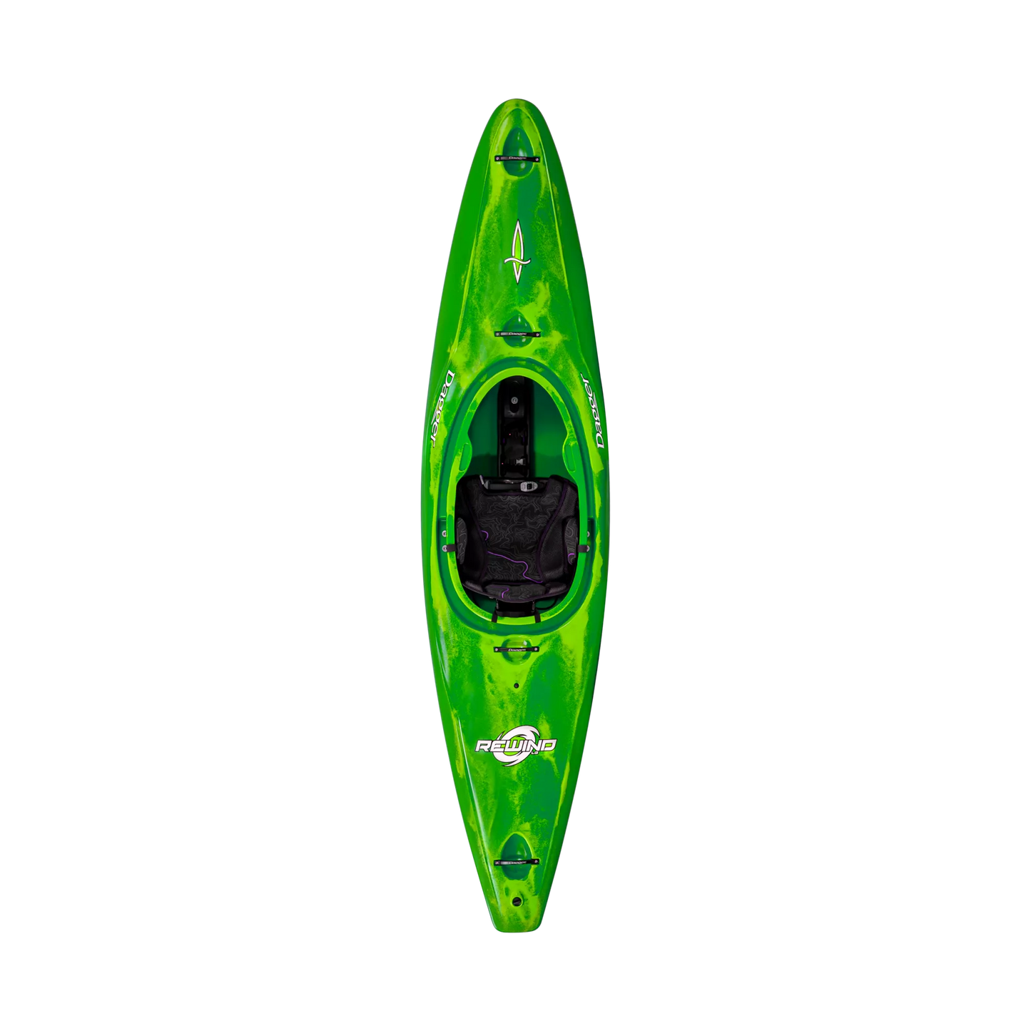 A green Dagger Rewind whitewater kayak on a black background.