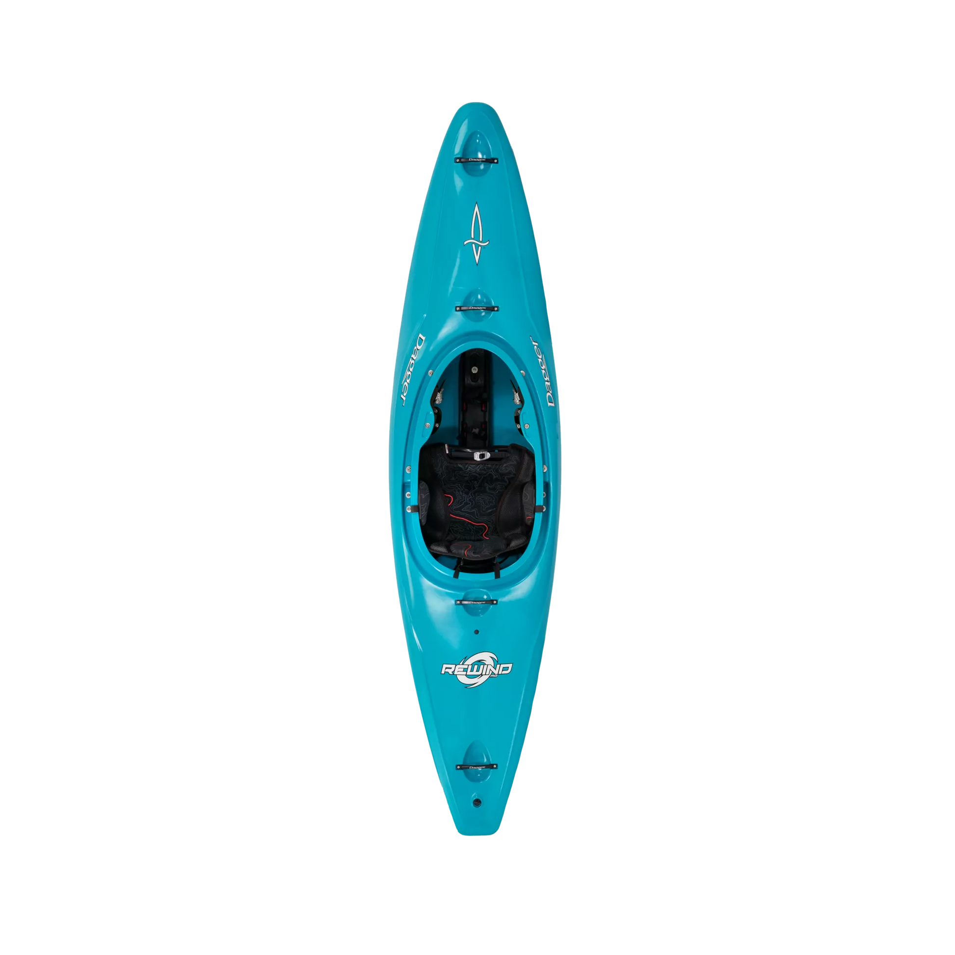A blue Dagger Rewind whitewater kayak on a black background.
