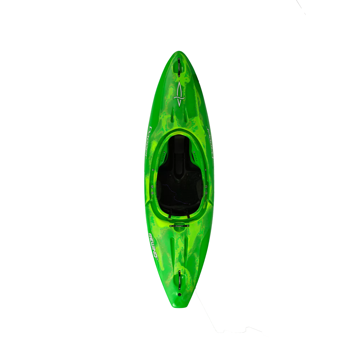 A green Dagger Rewind XS whitewater kayak on a black background with a distorted reflection.