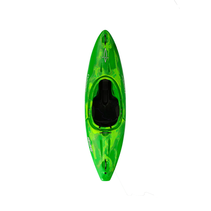 A green Dagger Rewind XS whitewater kayak on a black background with a distorted reflection.