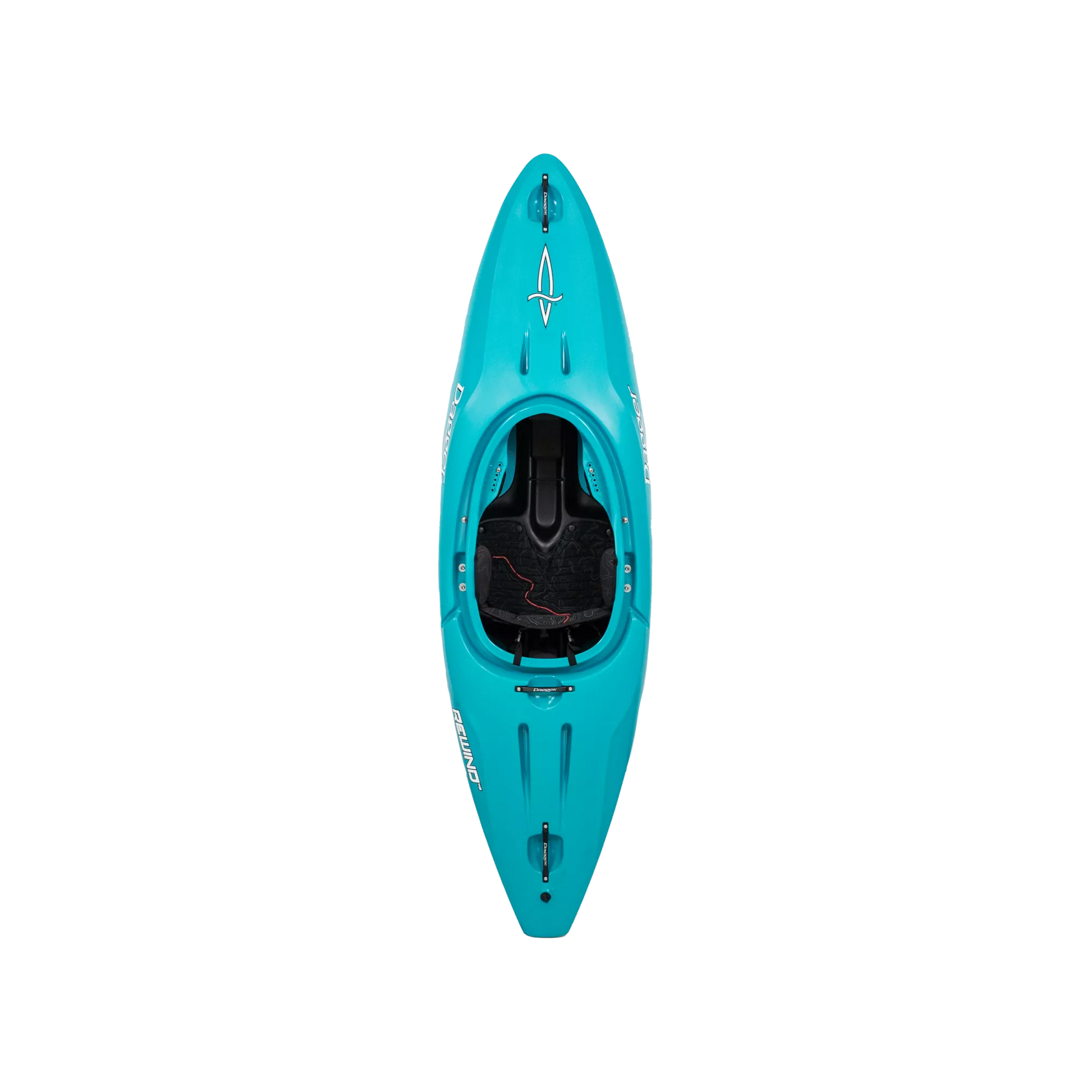 A Dagger Rewind XS whitewater kayak with its paddles laid out horizontally on a black background.