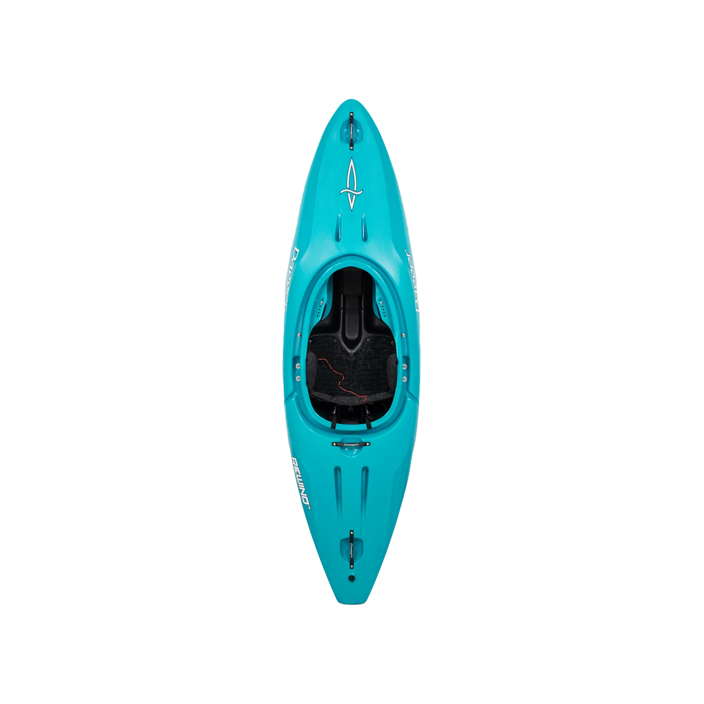 A Dagger Rewind XS whitewater kayak with its paddles laid out horizontally on a black background.