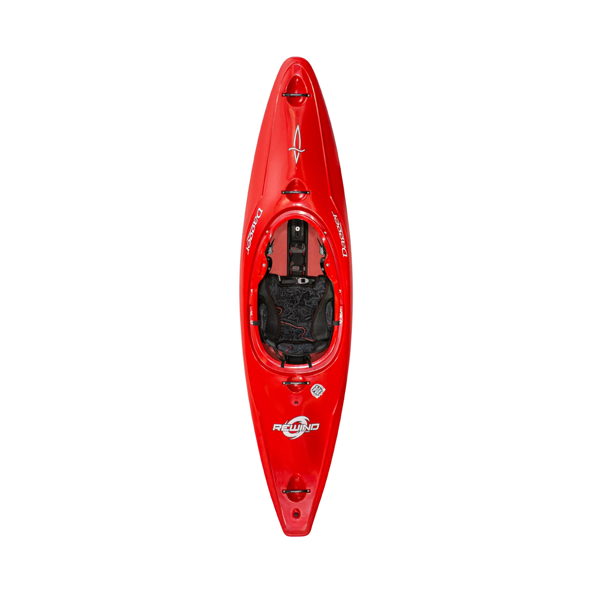 A red Dagger Rewind whitewater kayak on a black background.