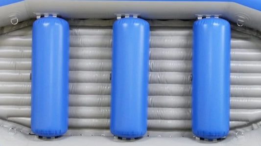 Close-up of the Rio Craft Raft Thwart for Colorado Rafts, with three blue thwarts positioned on the gray ribbed interior floor.