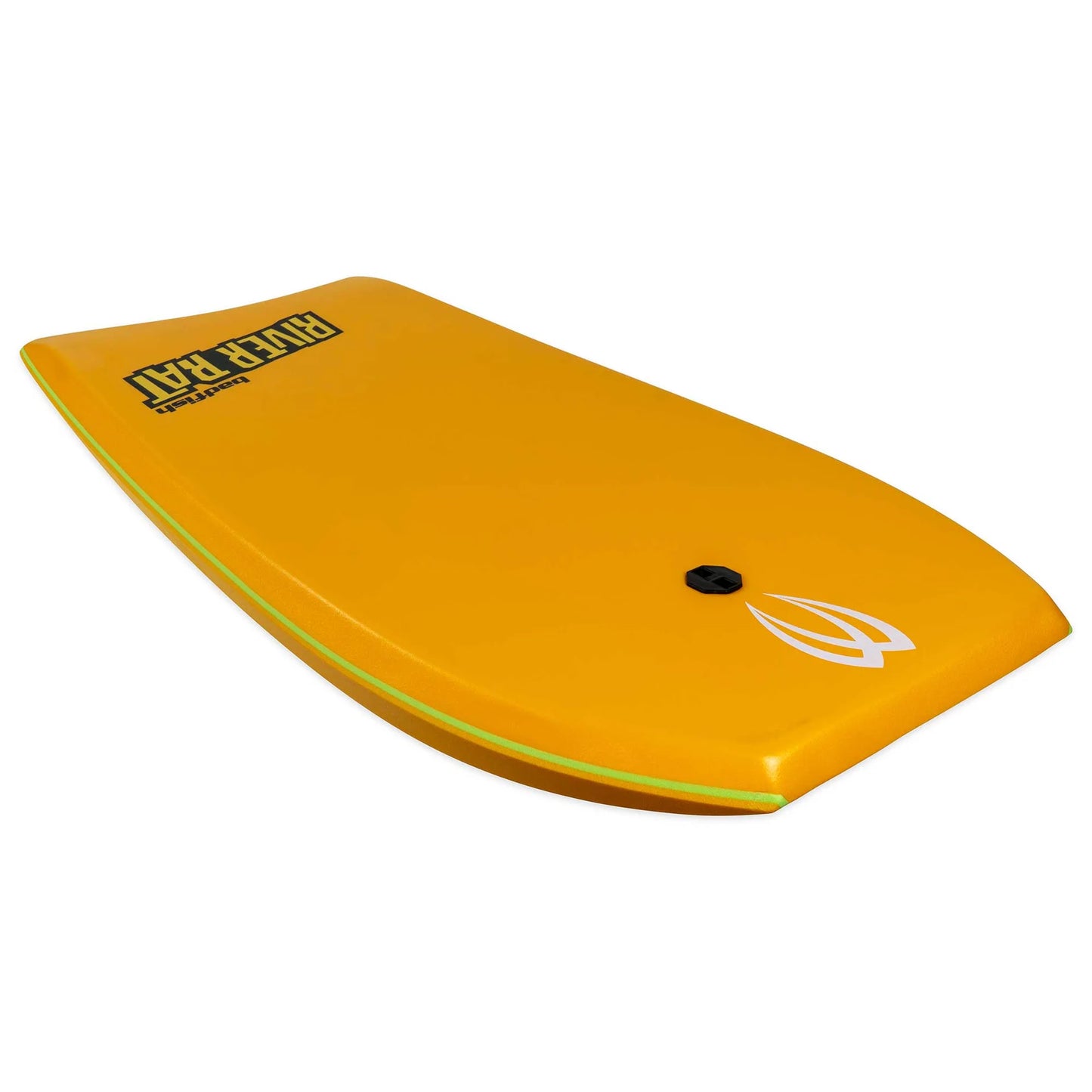 A yellow River Rat surf body board with a black button by Badfish.