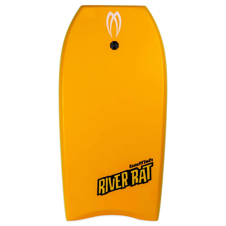 A yellow River Rat body board designed for learning to surf on a river wave, with black text.