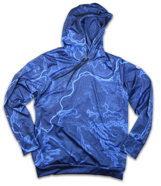 The Topo Hoodie: Animas River by Kind Design is a blue hooded sweatshirt featuring a detailed topographic pattern inspired by the Animas River, with light and dark blue shades.