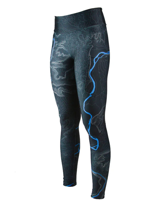 Kind Design’s Topo Leggings: Animas River feature a black base with blue topographic lines and a highlighted river, offering full-length comfort and bold adventure-inspired style.