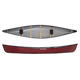 Top and side views of the Wenonah Rogue 16 T-Formex canoe, featuring a durable red design with black seats and wooden supports, showcasing both the interior and exterior.