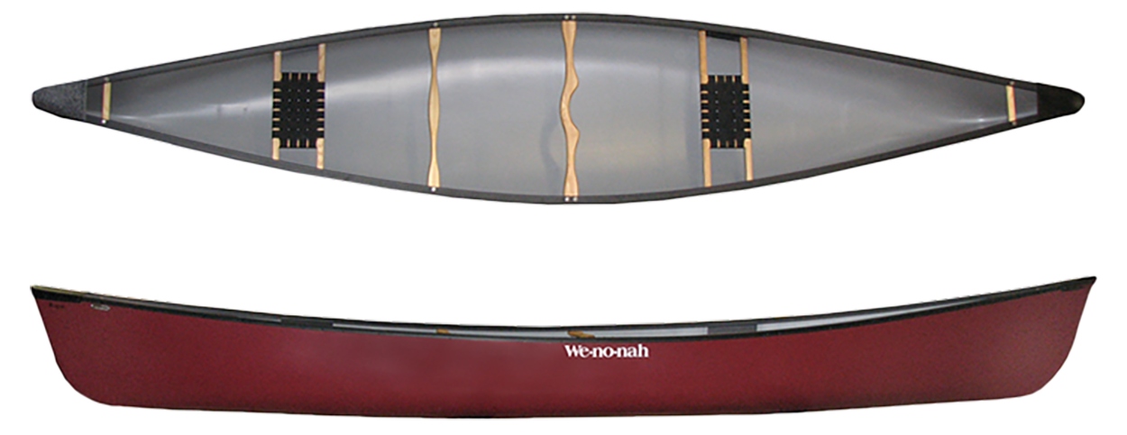 Top and side views of the Wenonah Rogue 16 T-Formex canoe, featuring a durable red design with black seats and wooden supports, showcasing both the interior and exterior.