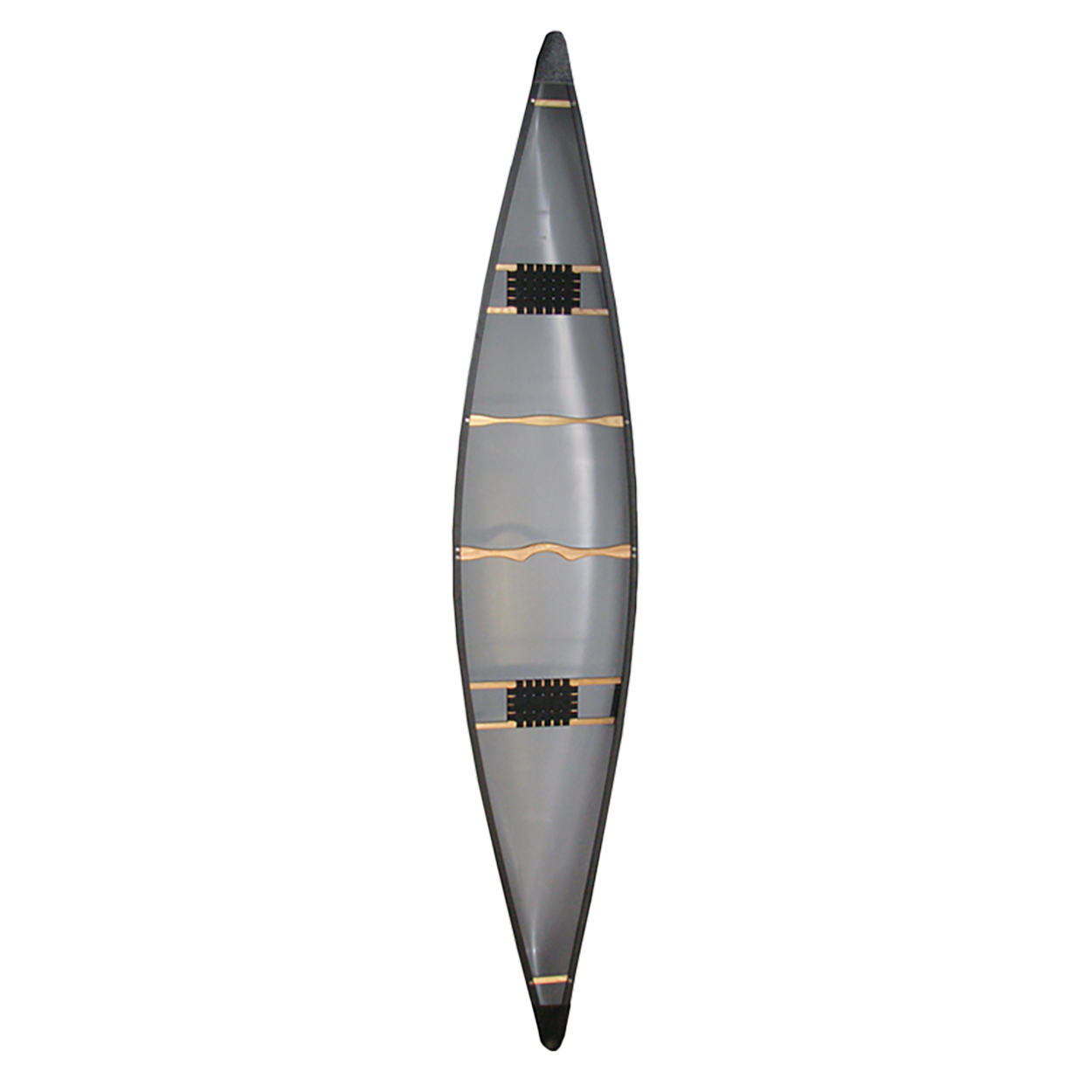 Top-down view of a Wenonah Rogue 16 T-Formex canoe in gray, featuring three seats, a wooden frame, and black trim, shown against a white background.