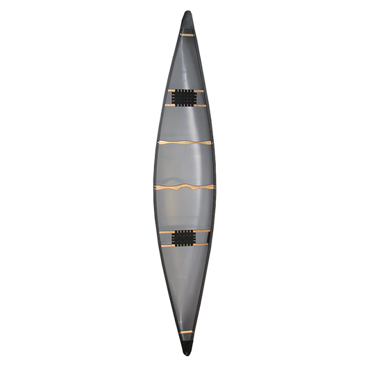 Top-down view of a Wenonah Rogue 16 T-Formex canoe in gray, featuring three seats, a wooden frame, and black trim, shown against a white background.