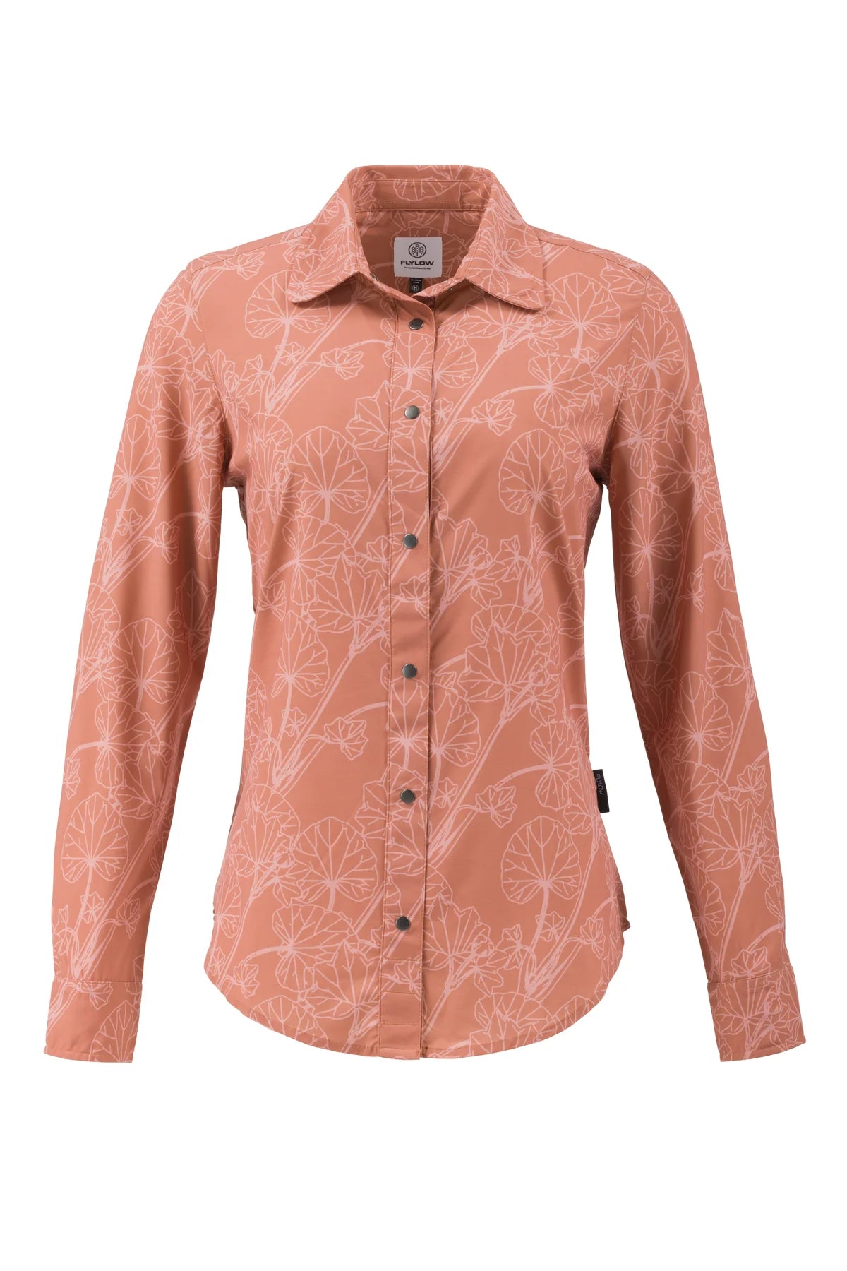 The Flylow Dolly Shirt W's is a long-sleeve, button-up quick-drying shirt in muted pink with a white botanical leaf print, shown on a plain white background.