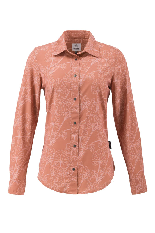 The Flylow Dolly Shirt W's is a long-sleeve, button-up quick-drying shirt in muted pink with a white botanical leaf print, shown on a plain white background.