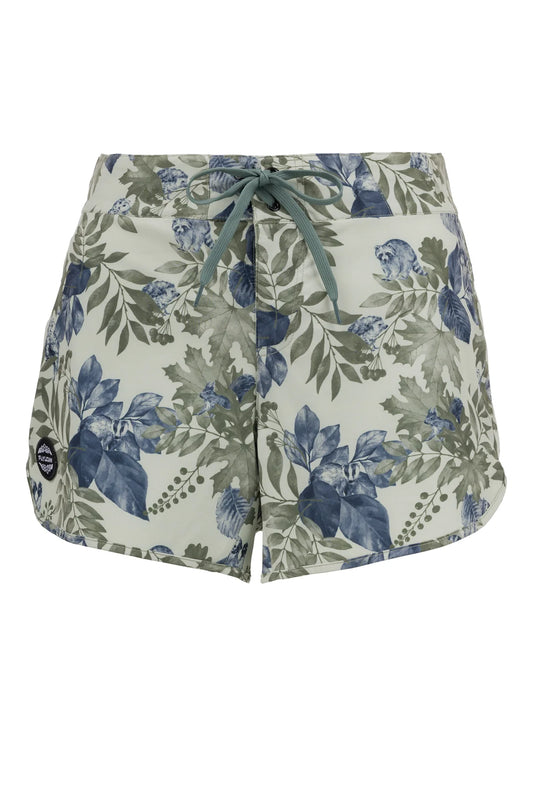 Front view of the FlyLow Marion Short W's by Flylow, showcasing a blue and green floral pattern, drawstring waist, and a small round patch on the left hem.