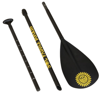 A three-piece SUP paddle with a carbon shaft and yellow sunburst blade logo, branded by SOL Paddle Boards as the Carbon Blaster 3-Piece Travel.