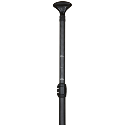 The SOL Paddle Boards Carbon Blaster 3-Piece Travel SUP Paddle features a sleek black design with a carbon shaft, adjustable length markings, and a comfortable grip handle for optimal water performance.