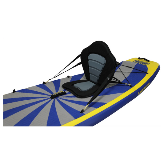 A close-up of a blue and yellow inflatable paddleboard with a gray sunburst pattern, equipped with the SOL SUP / Kayak Seat by SOL Paddle Boards, featuring a padded seat and adjustable straps for enhanced back support.