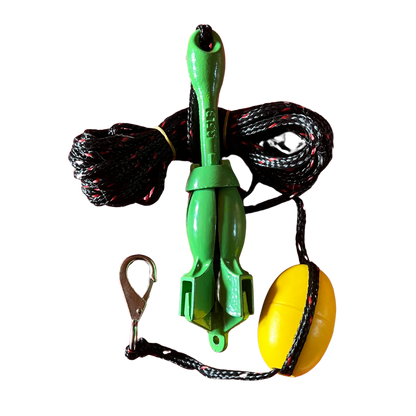 The SOL Paddle Boards green fishing float line holder has a black cord, metal clip, and yellow buoy. Ideal for securing gear to your fishing boards, it keeps everything anchored while paddling through serene waters.