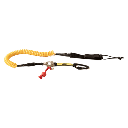The SOL Paddle Boards Quick Release River Leash is a yellow coiled safety lanyard with a black strap, metal clip, and red plastic toggle—perfect for securing tools or gear while river surfing or paddle boarding.