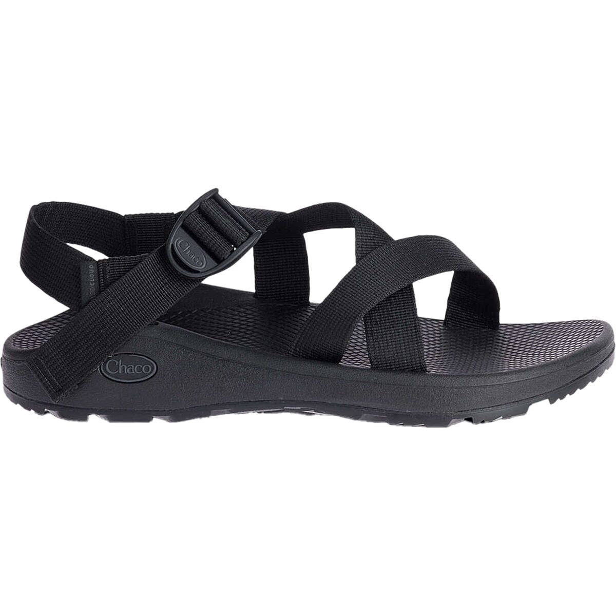 The image shows a black Chaco ZCloud - Men's sandal with adjustable straps, a textured footbed, and a rubber sole in side profile—ideal for comfortable hiking.