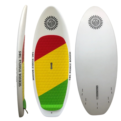 The SOLScepter by SOL Paddle Boards features a front view with a red, yellow, and green grip; a side view highlighting its thickness and FCS II Fin Boxes; and a back view showcasing its plain white design with branding.