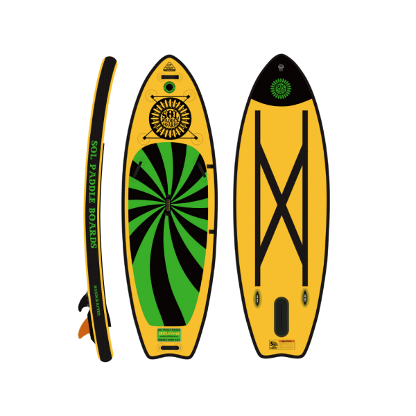 Three views of a SOLshine inflatable SUP from SOL with a sunburst design and strapped-on paddle, isolated on a black background.