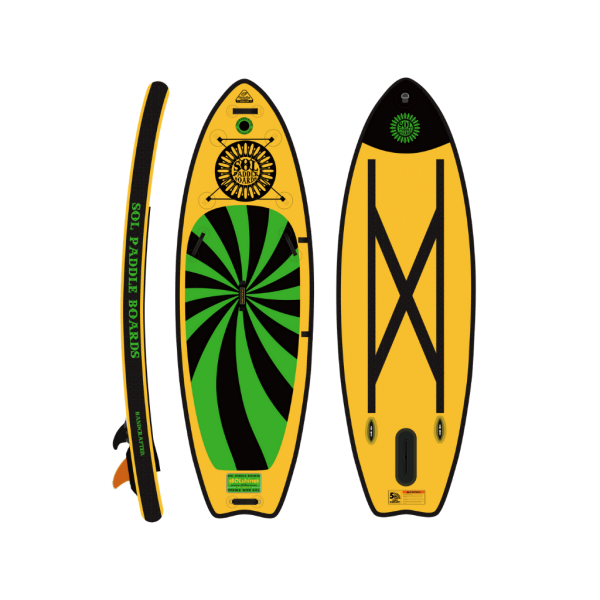 The SOLshine by SOL Paddle Boards consists of two yellow and green inflatable stand-up paddle boards with spiral designs, ideal for yoga stability. Seen from side and top views, they have black straps and branding, making them perfect for river paddling adventures.