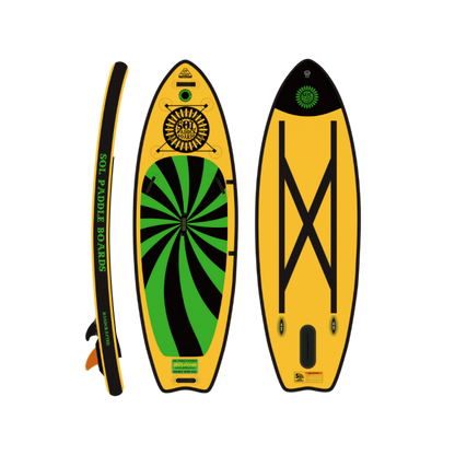 The SOLshine by SOL Paddle Boards consists of two yellow and green inflatable stand-up paddle boards with spiral designs, ideal for yoga stability. Seen from side and top views, they have black straps and branding, making them perfect for river paddling adventures.