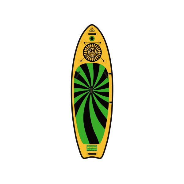 A yellow and green SOLshine stand up paddle board with a sun design at the top and swirl patterns across the board, isolated on a black background.