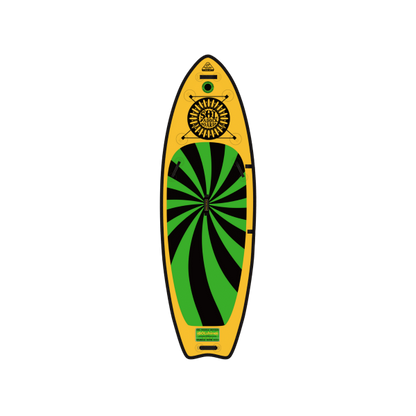 The SOLshine by SOL Paddle Boards is a yellow and green inflatable stand up paddle board with a spiral design and sun motif, offering yoga stability with black accents. Ideal for river paddling, it features multiple attachment points for added convenience.