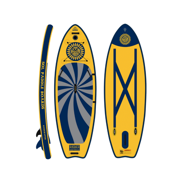 Two SOLshine inflatable SUPs in blue and yellow colors with detailed designs on the deck, displayed in side and top views.