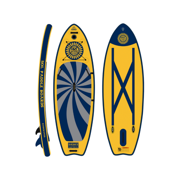 Two yellow and blue inflatable stand-up paddleboards are displayed front and back. One has a central spiral pattern for yoga stability, while the other features crossing lines and a logo. Ideal for river paddling, both boards, labeled "SOLshine," are from SOL Paddle Boards.
