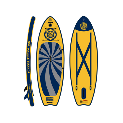 Two yellow and blue inflatable stand-up paddleboards are displayed front and back. One has a central spiral pattern for yoga stability, while the other features crossing lines and a logo. Ideal for river paddling, both boards, labeled "SOLshine," are from SOL Paddle Boards.